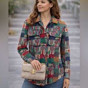Vintage Patchwork Corduroy Button Down Shirt – Multicolor (Fits M/L)